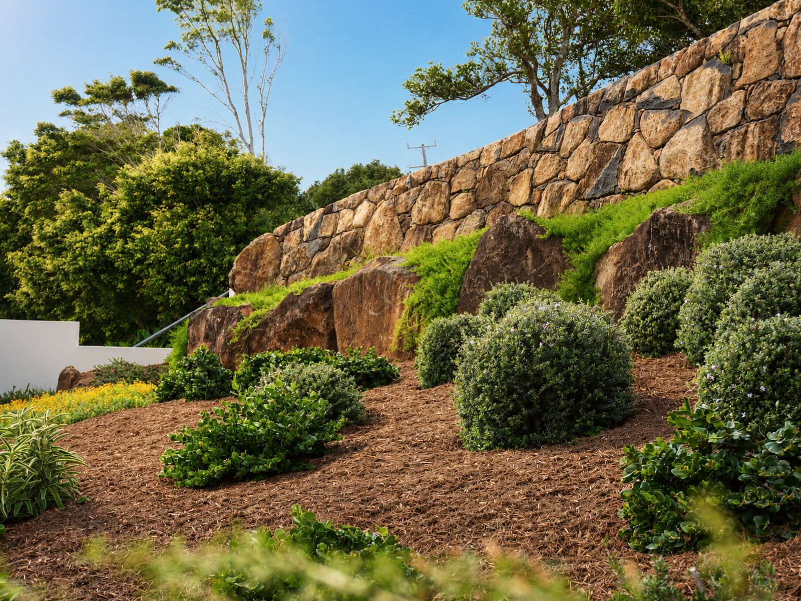 Terraced garden below a stone wall — westringia balls in fresh mulch, Lennox Head hinterland